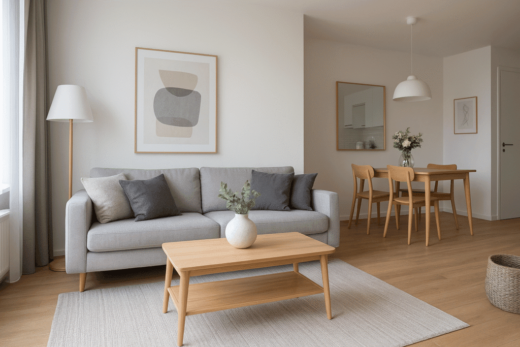 Moderní světlý obývací pokoj s jídelním koutem – výmalba interiéru, minimalistický design, světlé stěny a dřevěná podlaha